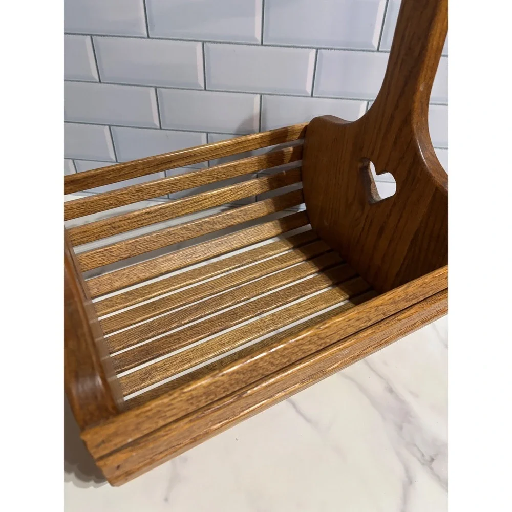 Vintage Oak Wood Slatted Basket Heart Cutouts Spindle Handle Farmhouse Cottage